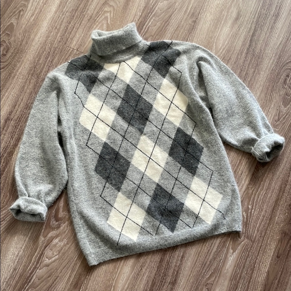 Lands End Lambswool Angora Argyle Turtleneck Sweater